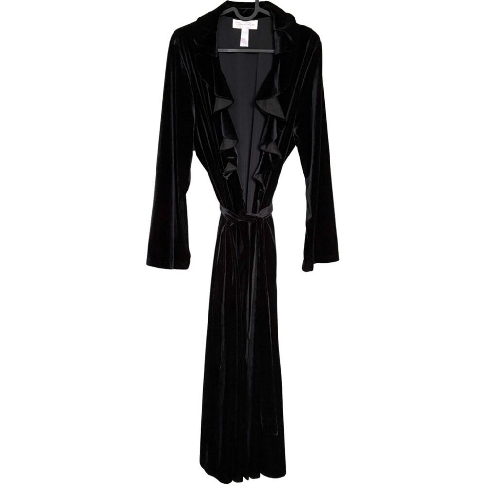 Oscar de la Renta Pink Label Black Velvet Ruffle Duster Robe L